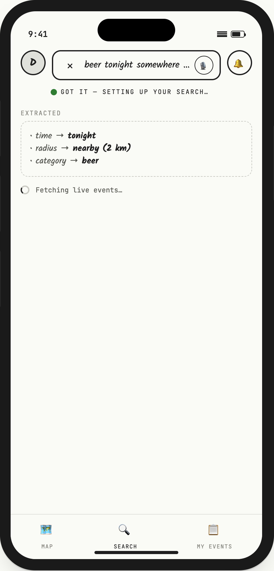 Wireframe: search understood the request and shows what it extracted