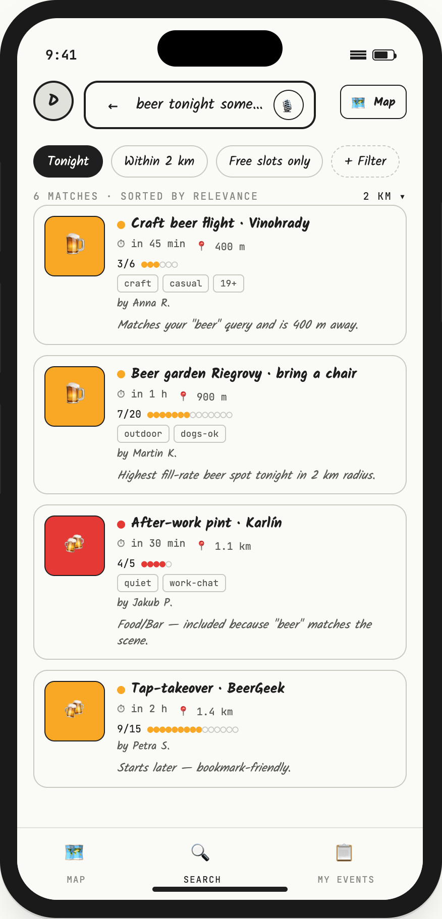 Wireframe: ranked search results with a reason on each card